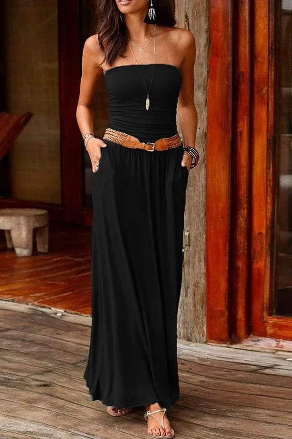 Solid Color Bandeau Romantic Maxi Dress