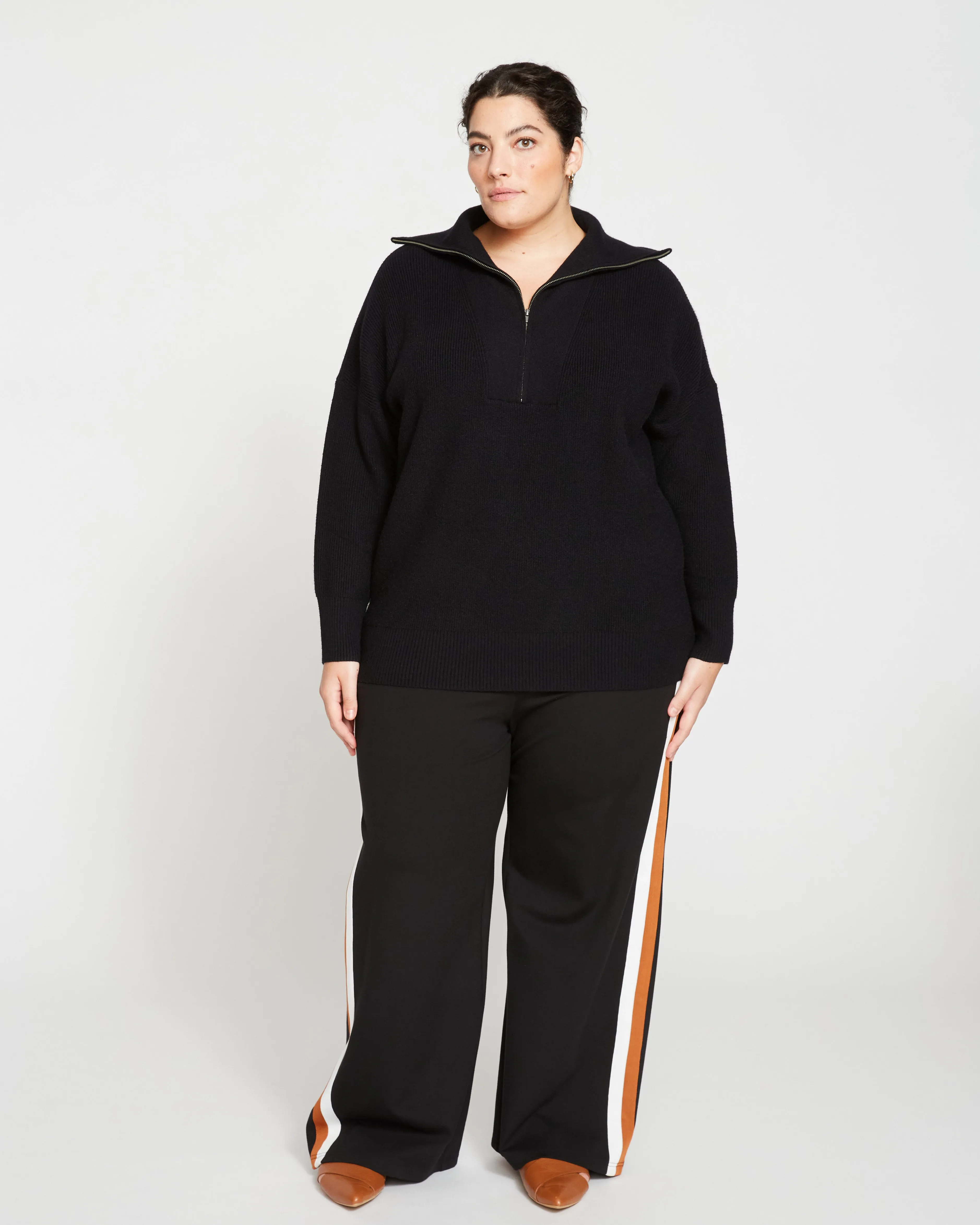 Stephanie Wide Leg Stripe Ponte Pants 30 Inch - Black with Ochre/White Stripe