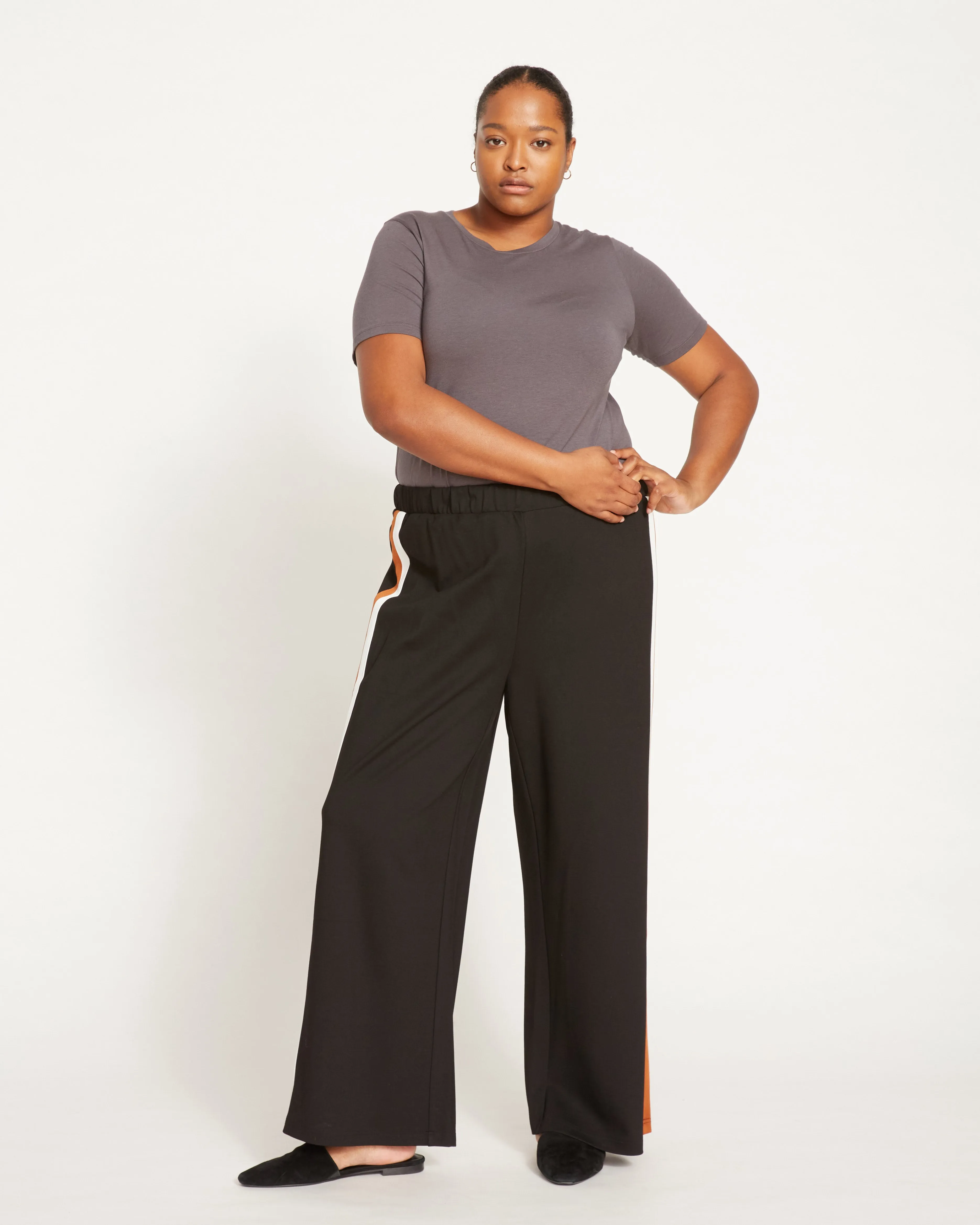 Stephanie Wide Leg Stripe Ponte Pants 30 Inch - Black with Ochre/White Stripe
