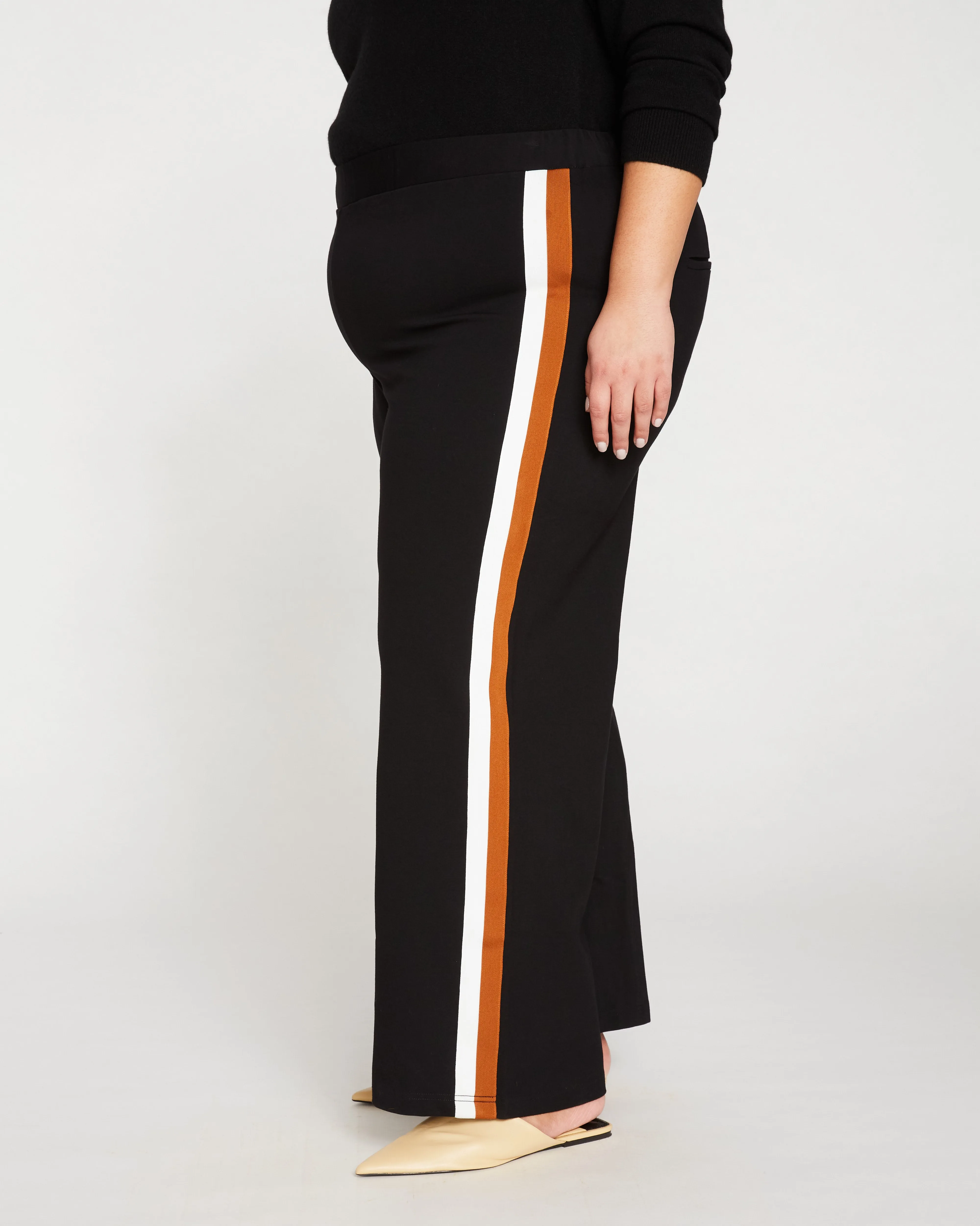 Stephanie Wide Leg Stripe Ponte Pants 30 Inch - Black with Ochre/White Stripe