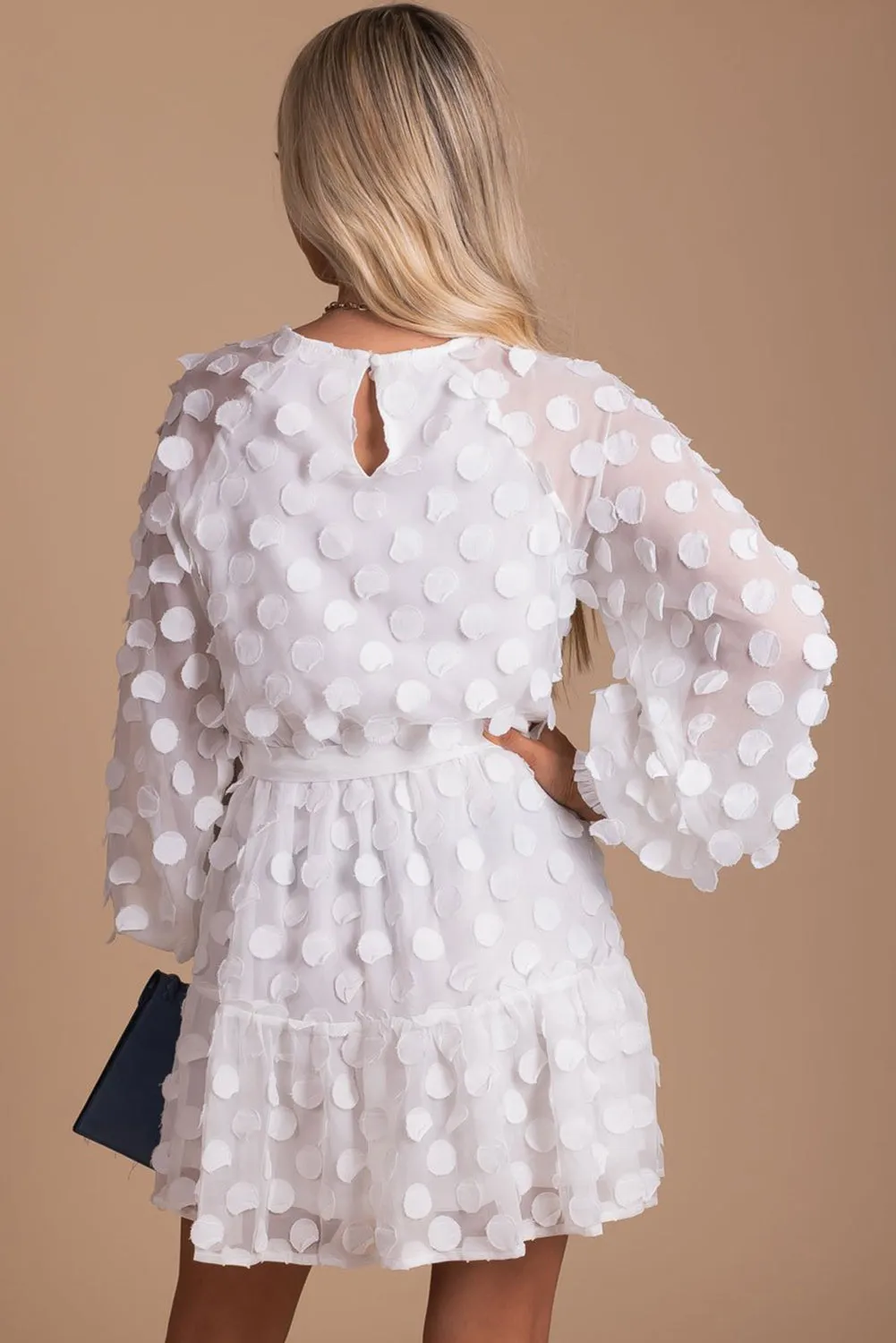 Textured Dot Bubble Sleeve Tie Waist Mini Dress