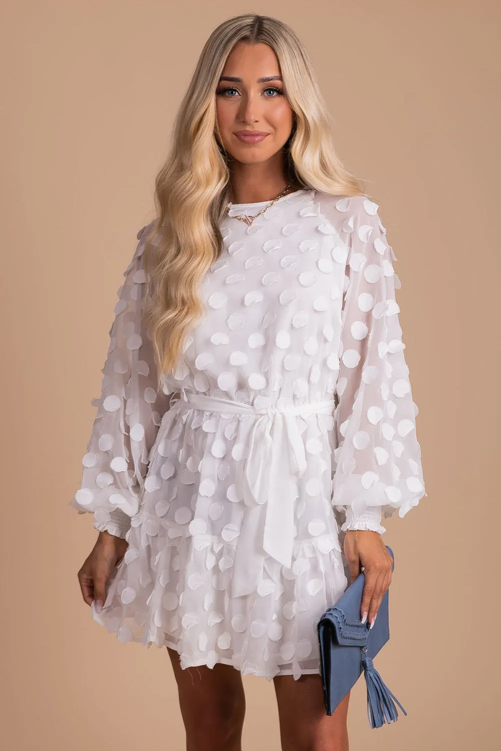 Textured Dot Bubble Sleeve Tie Waist Mini Dress