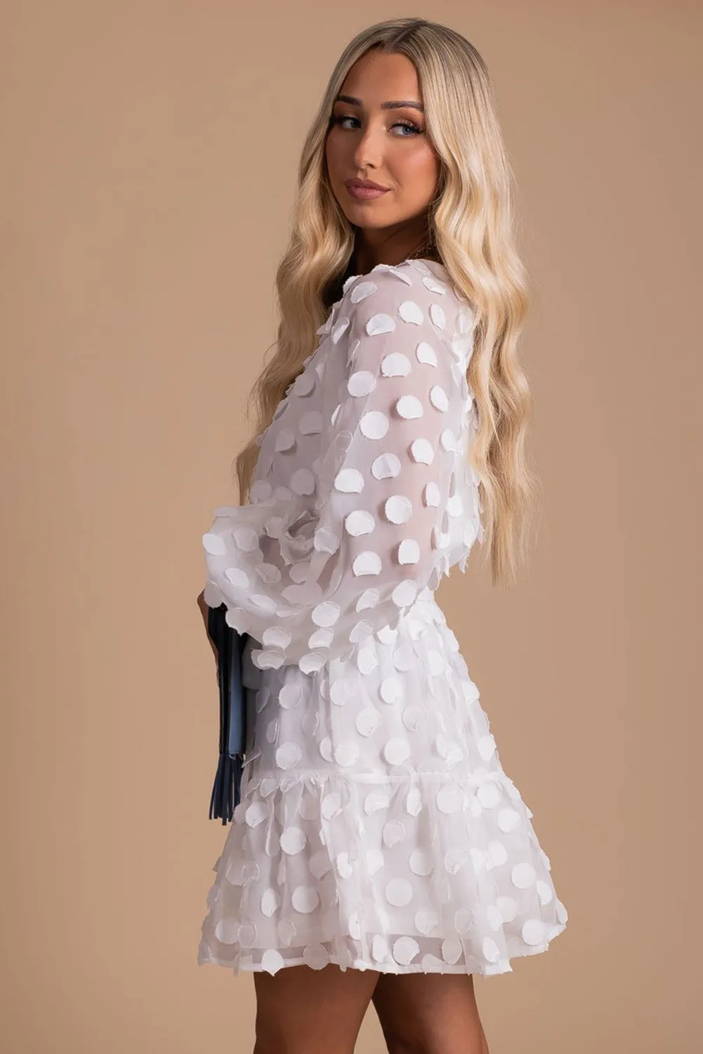 Textured Dot Bubble Sleeve Tie Waist Mini Dress