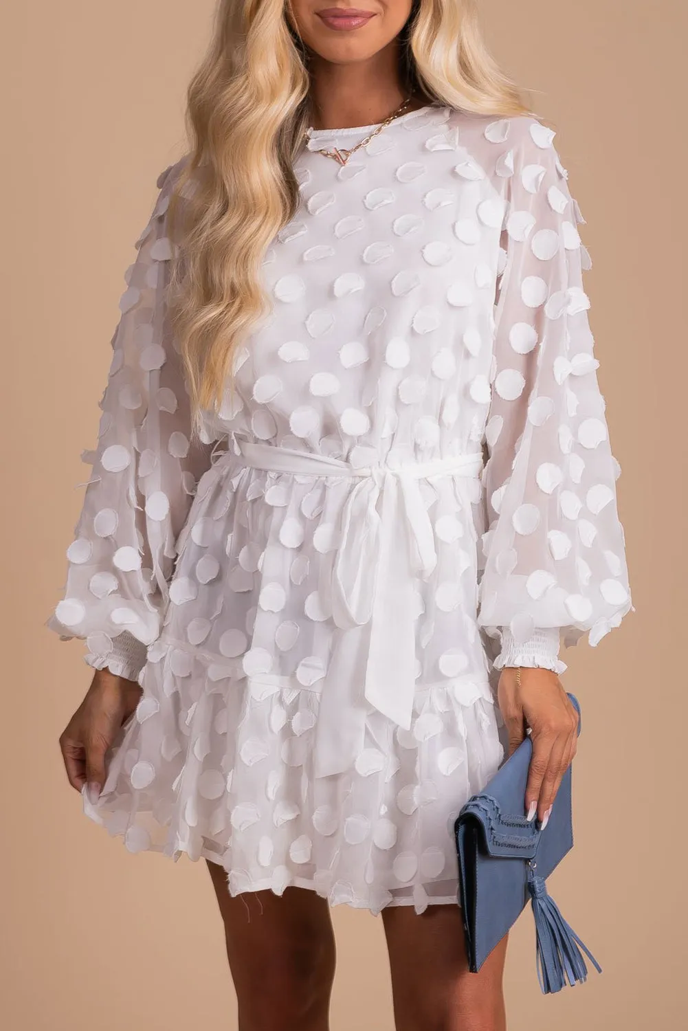 Textured Dot Bubble Sleeve Tie Waist Mini Dress