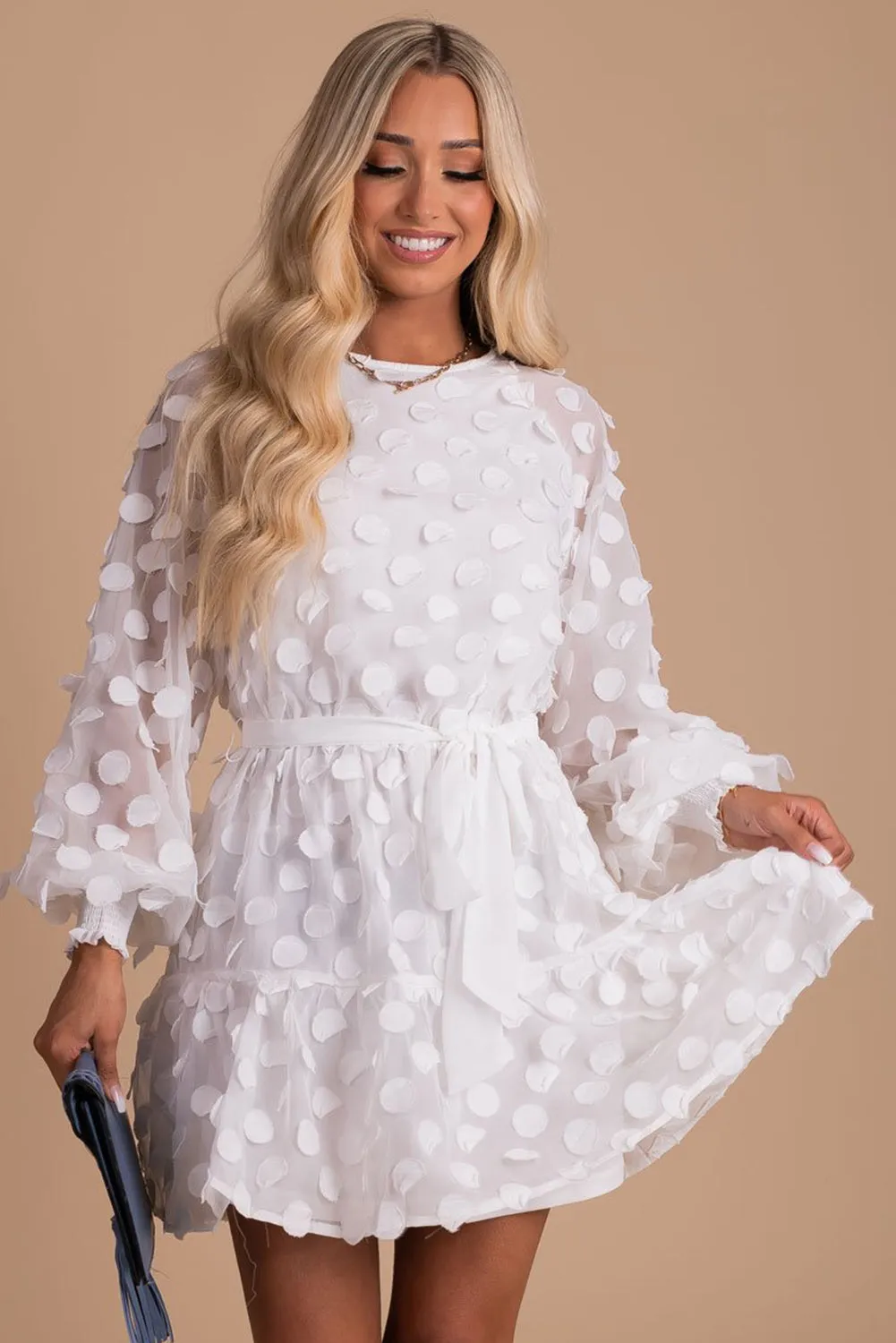 Textured Dot Bubble Sleeve Tie Waist Mini Dress