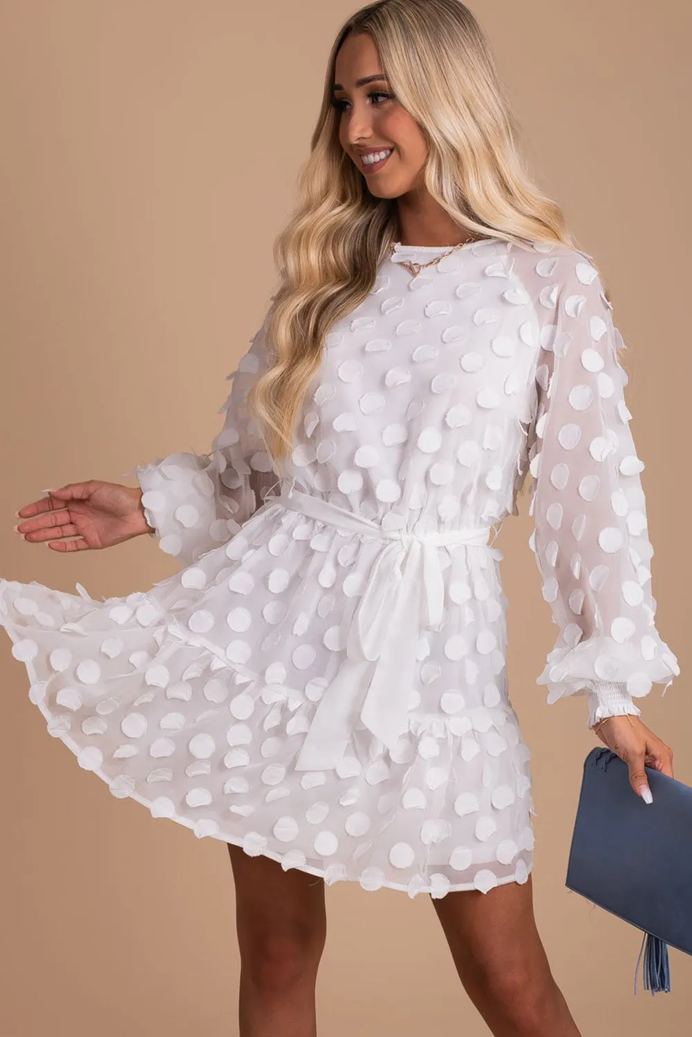 Textured Dot Bubble Sleeve Tie Waist Mini Dress