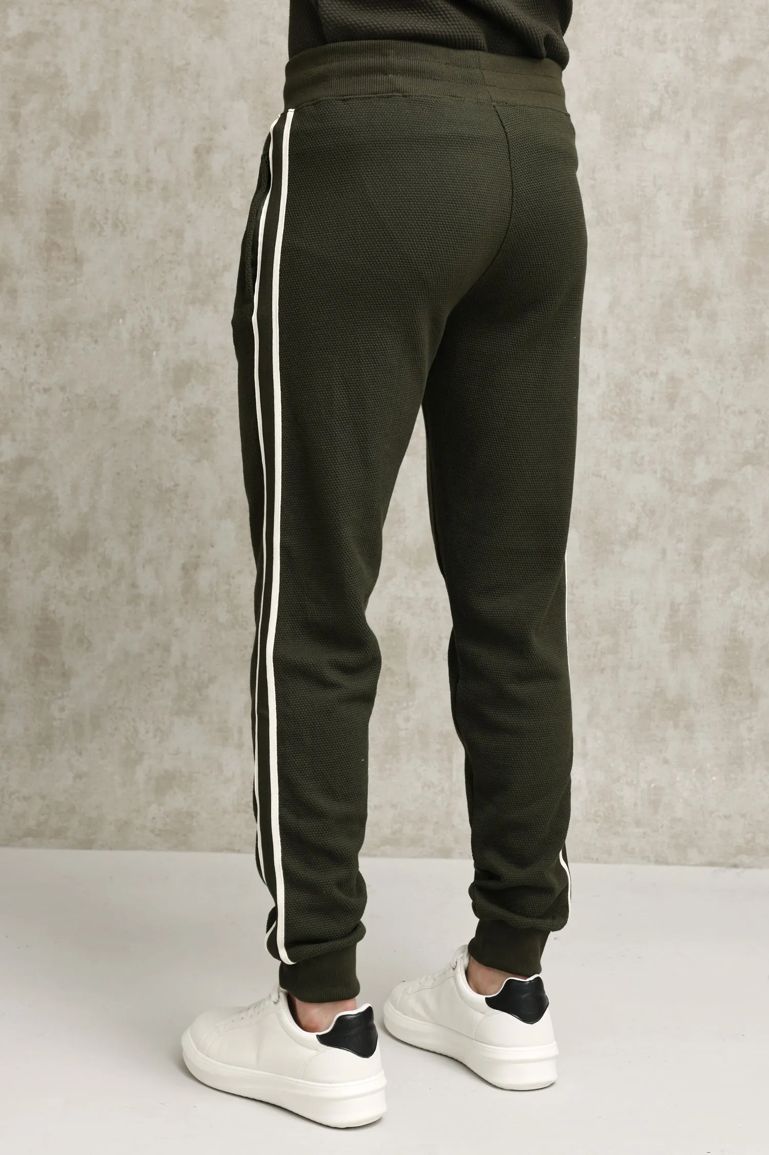 TEXTURED TRACK PANTS WITH CONTRAST PIPING-OLIVE