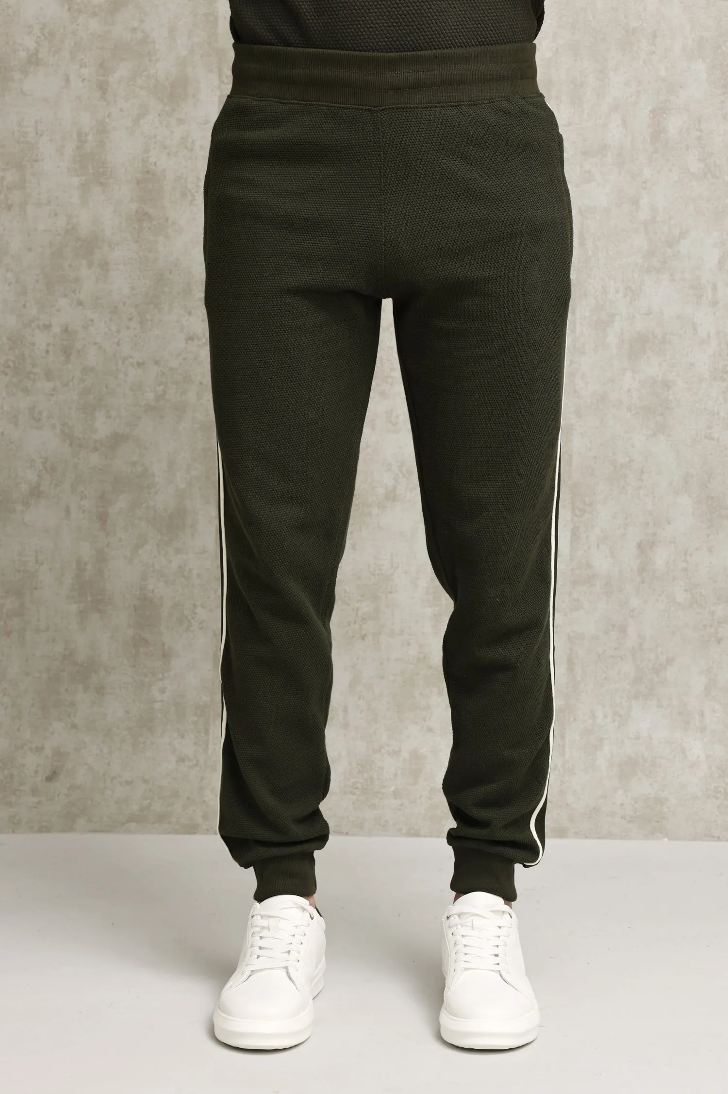 TEXTURED TRACK PANTS WITH CONTRAST PIPING-OLIVE