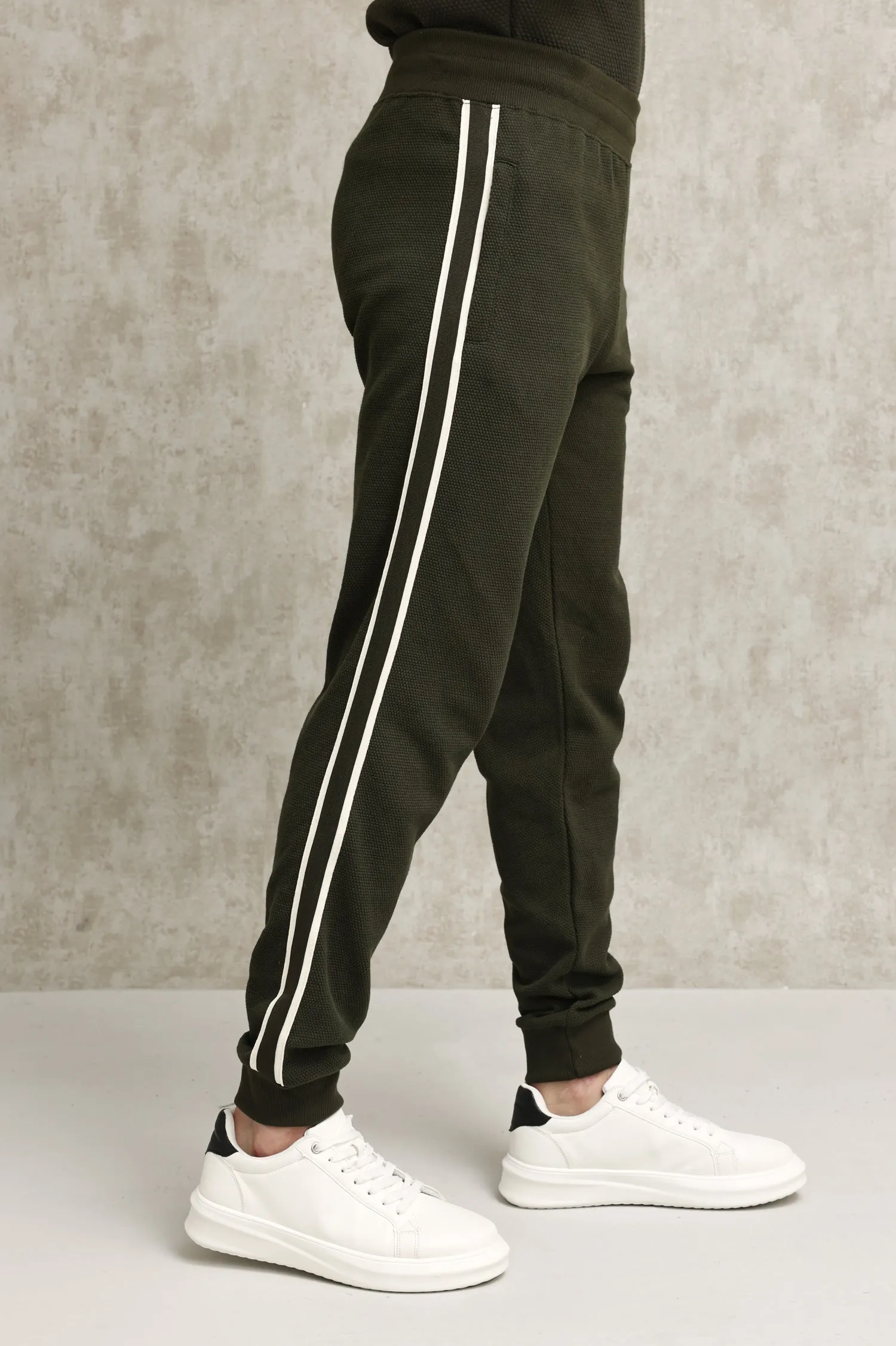 TEXTURED TRACK PANTS WITH CONTRAST PIPING-OLIVE