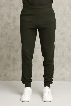 TEXTURED TRACK PANTS WITH CONTRAST PIPING-OLIVE