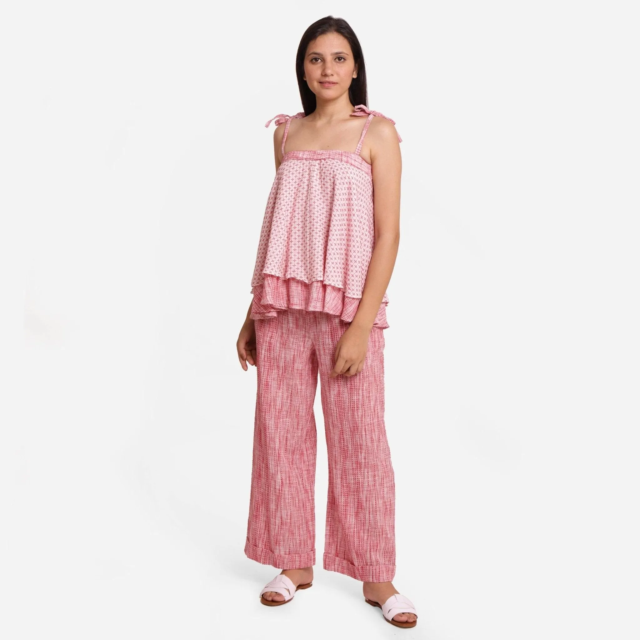 White Crinkled Cotton Strappy Tier Flared Top