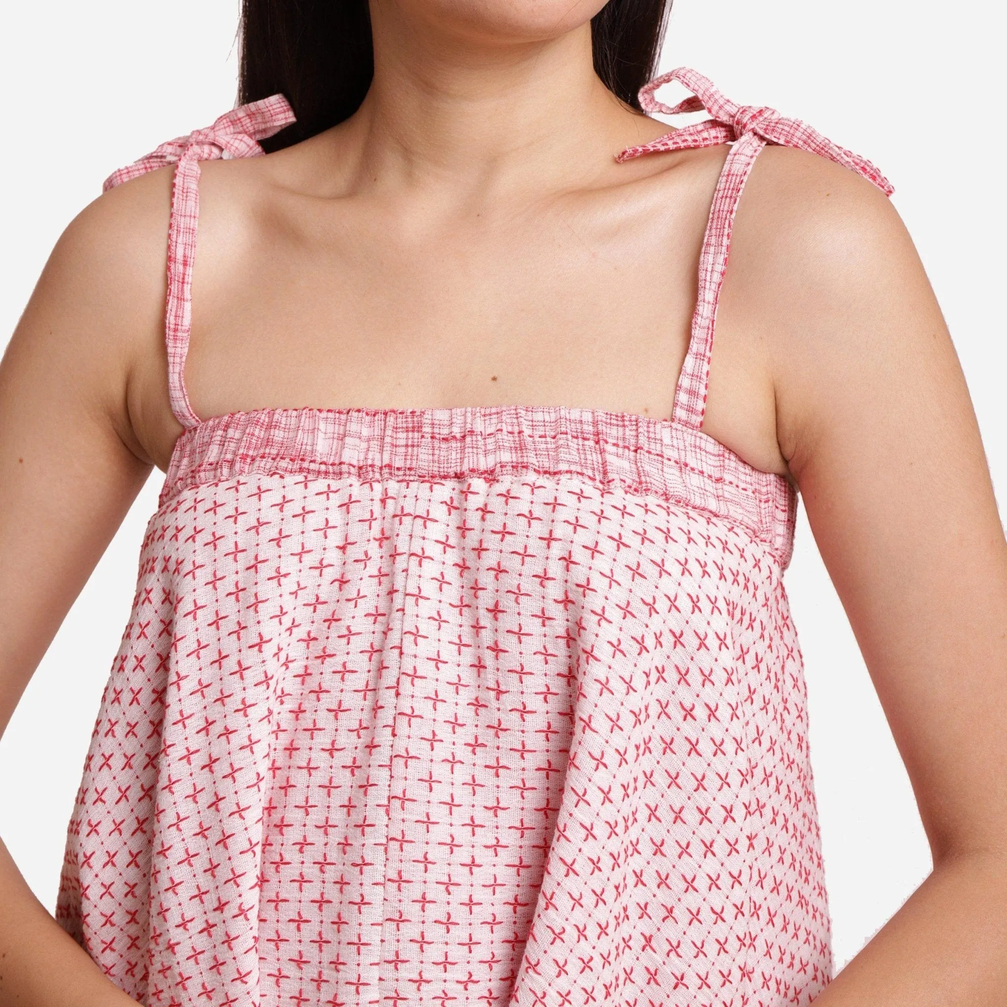 White Crinkled Cotton Strappy Tier Flared Top