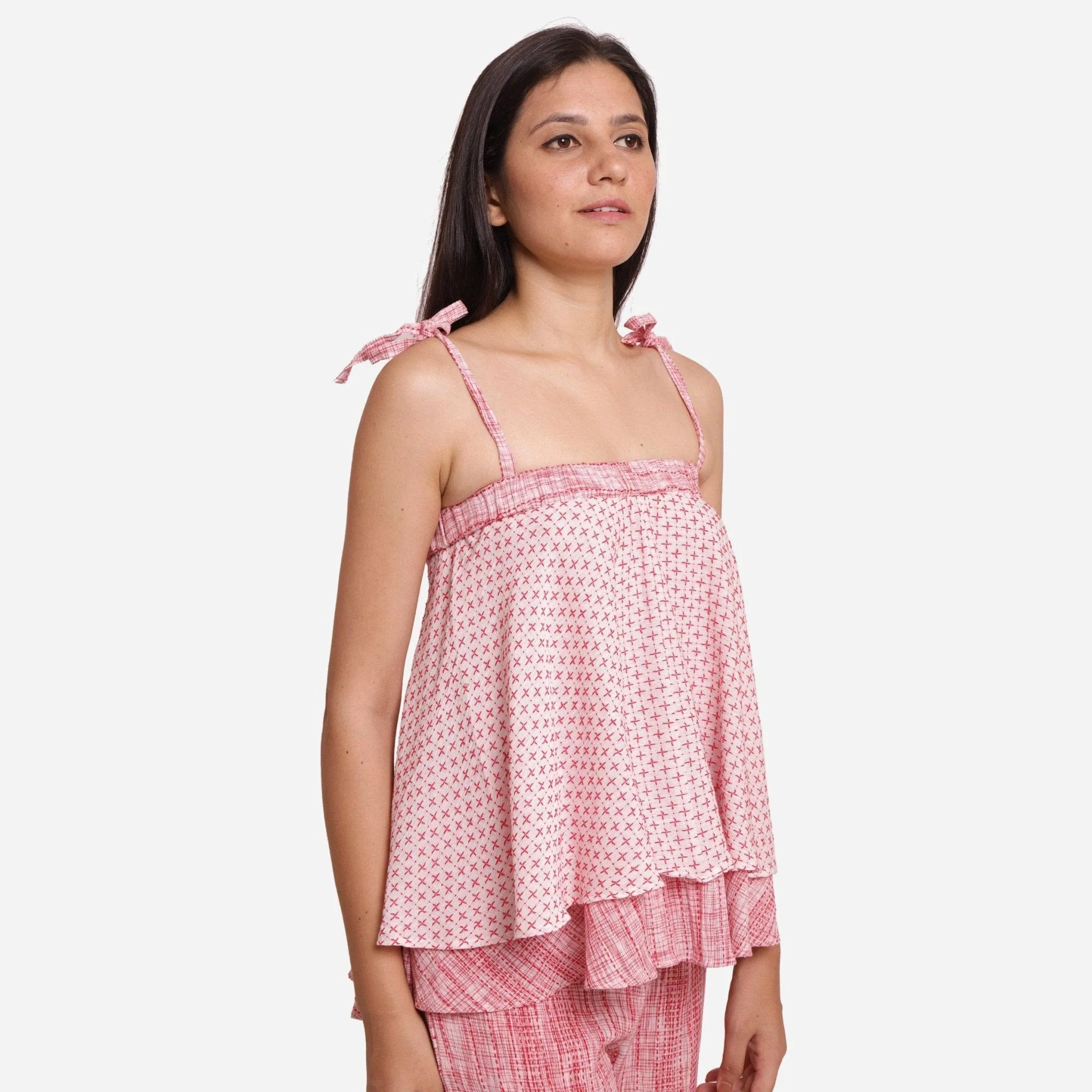 White Crinkled Cotton Strappy Tier Flared Top