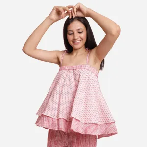 White Crinkled Cotton Strappy Tier Flared Top