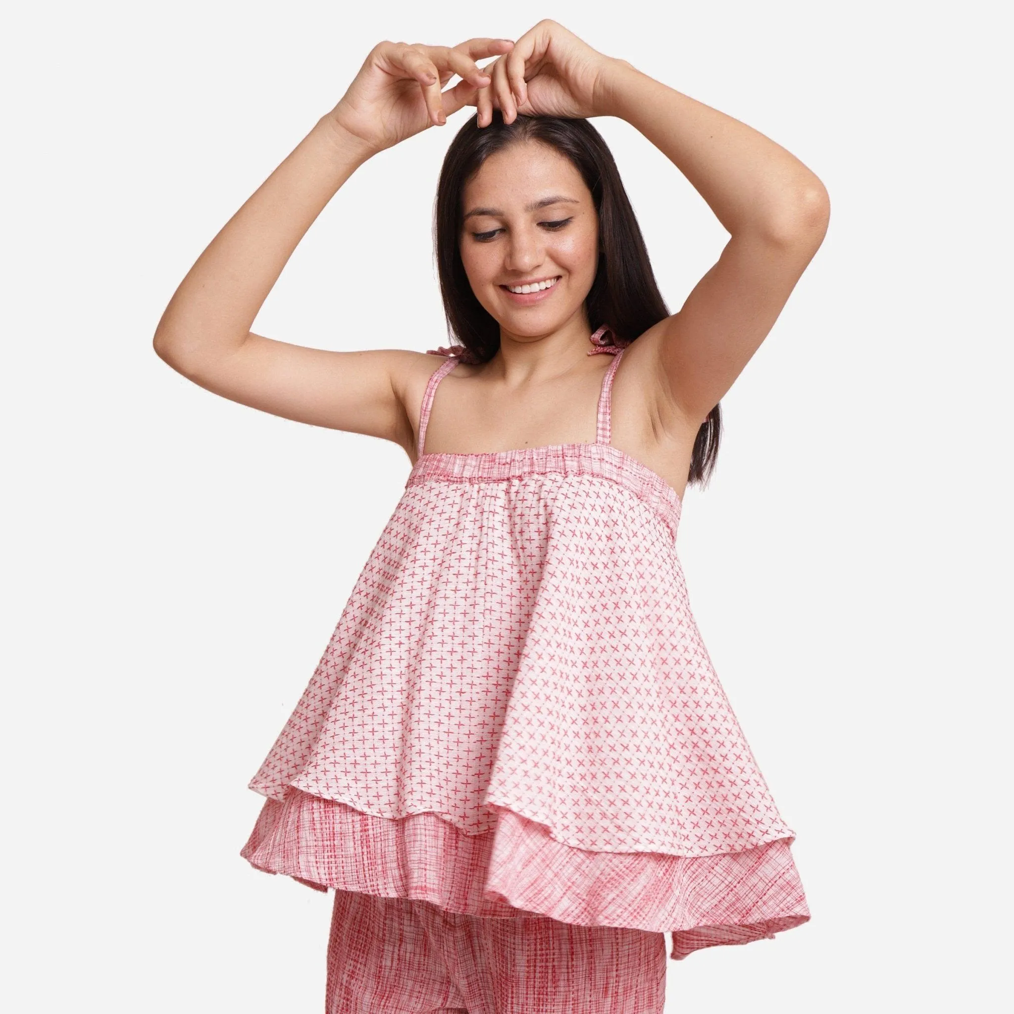 White Crinkled Cotton Strappy Tier Flared Top