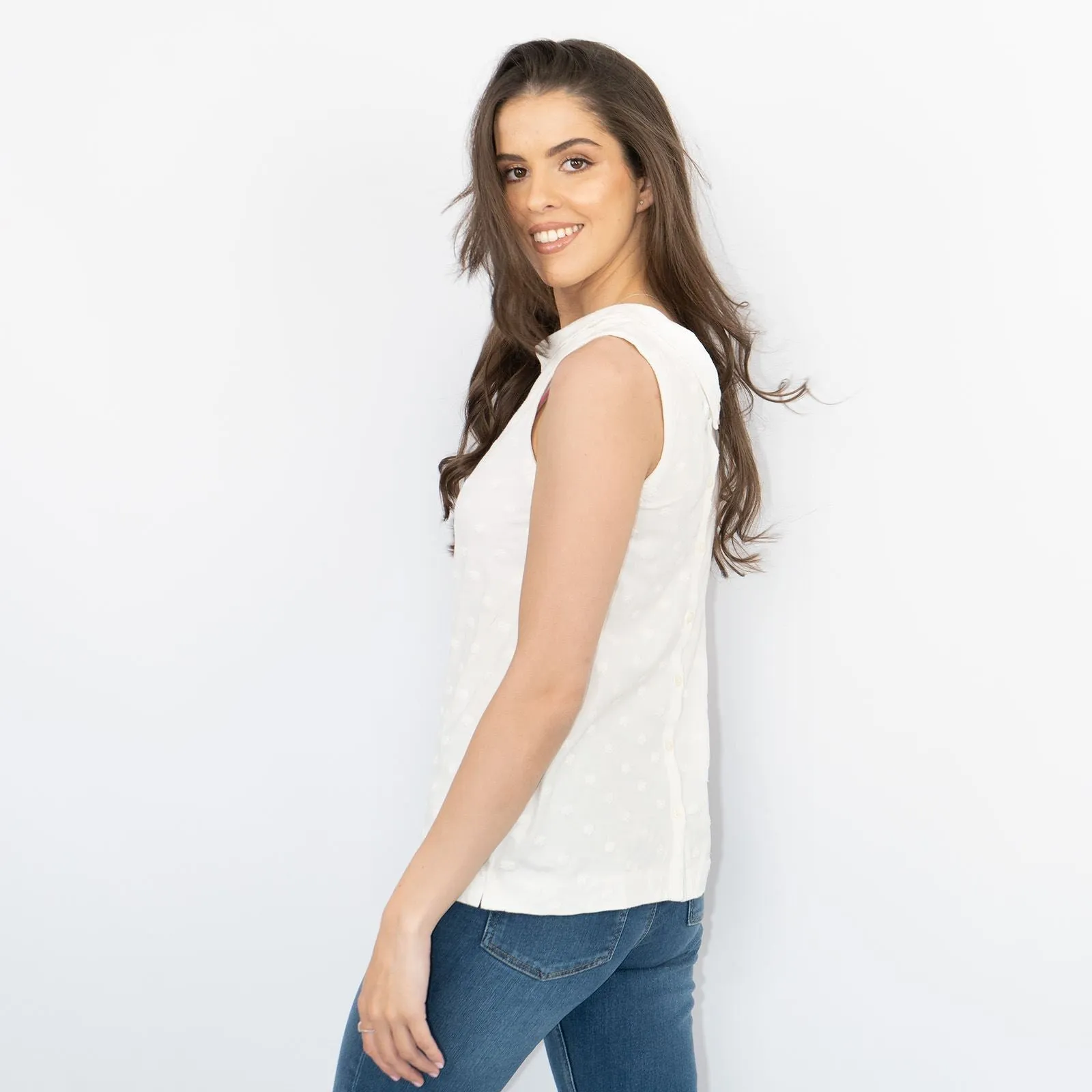 White Stuff Sleeveless Cotton Jersey Embroidered White Vest Summer Tops