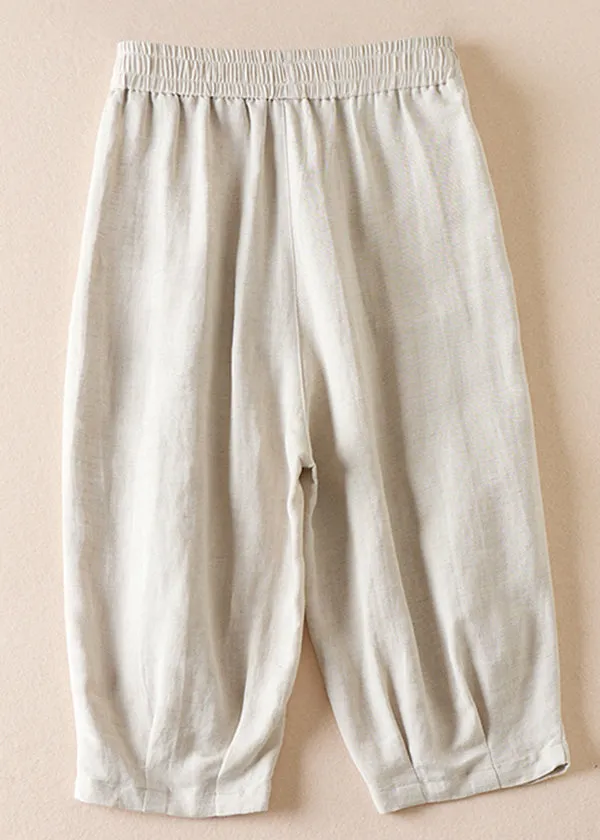 Women Beige Pockets Wrinkled Elastic Waist Cotton Shorts Summer AM1039