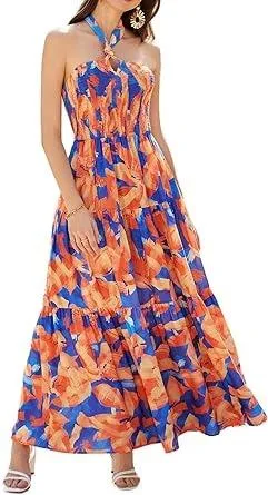 Women's Halter Neck Sleeveless Floral Flowy Dress