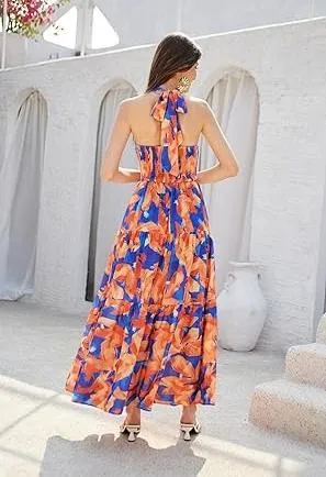Women's Halter Neck Sleeveless Floral Flowy Dress