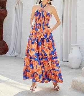 Women's Halter Neck Sleeveless Floral Flowy Dress