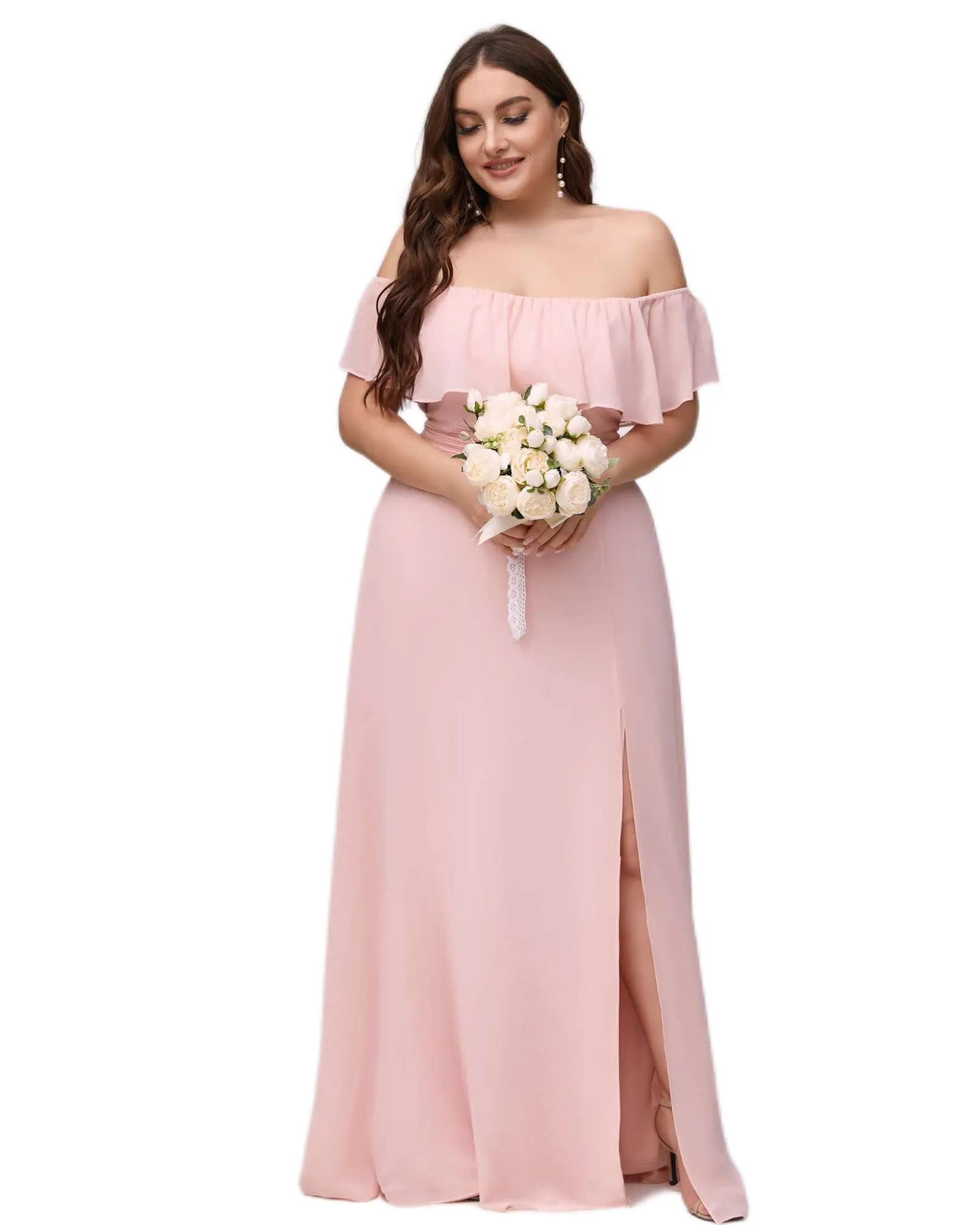Women's Off Shoulder Ruffle Thigh Slit Bridesmaid Dresses | Pink