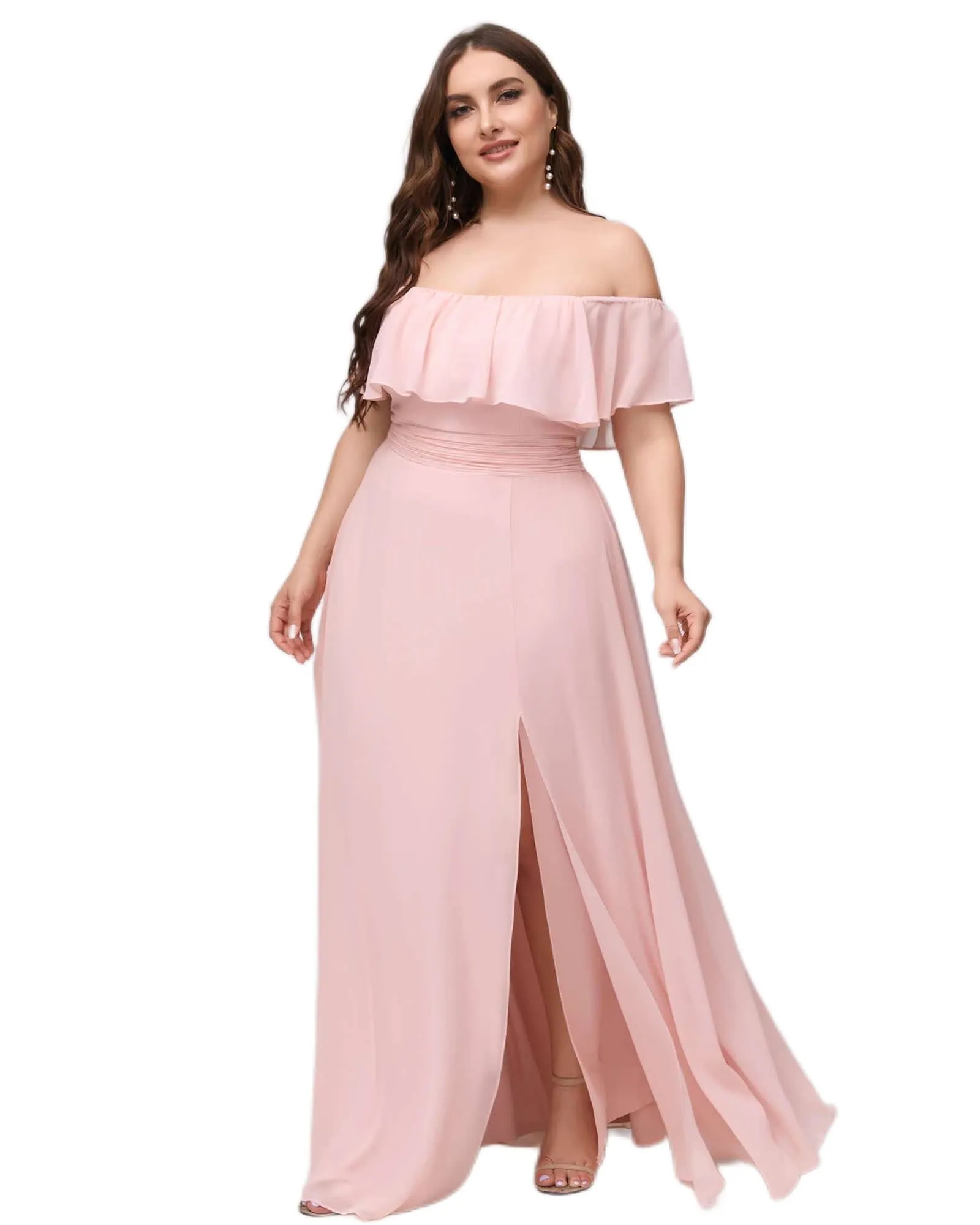 Women's Off Shoulder Ruffle Thigh Slit Bridesmaid Dresses | Pink