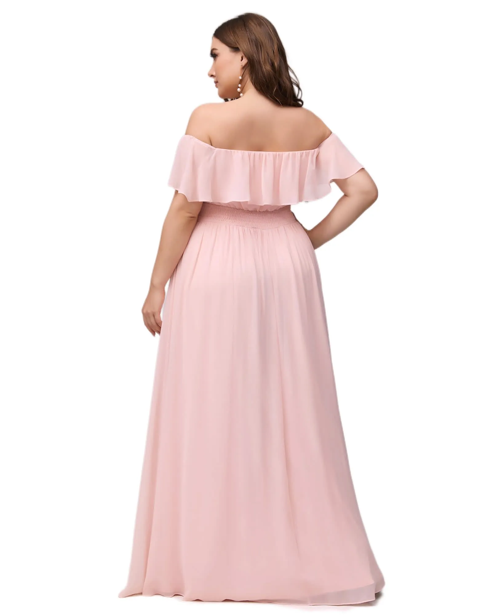 Women's Off Shoulder Ruffle Thigh Slit Bridesmaid Dresses | Pink