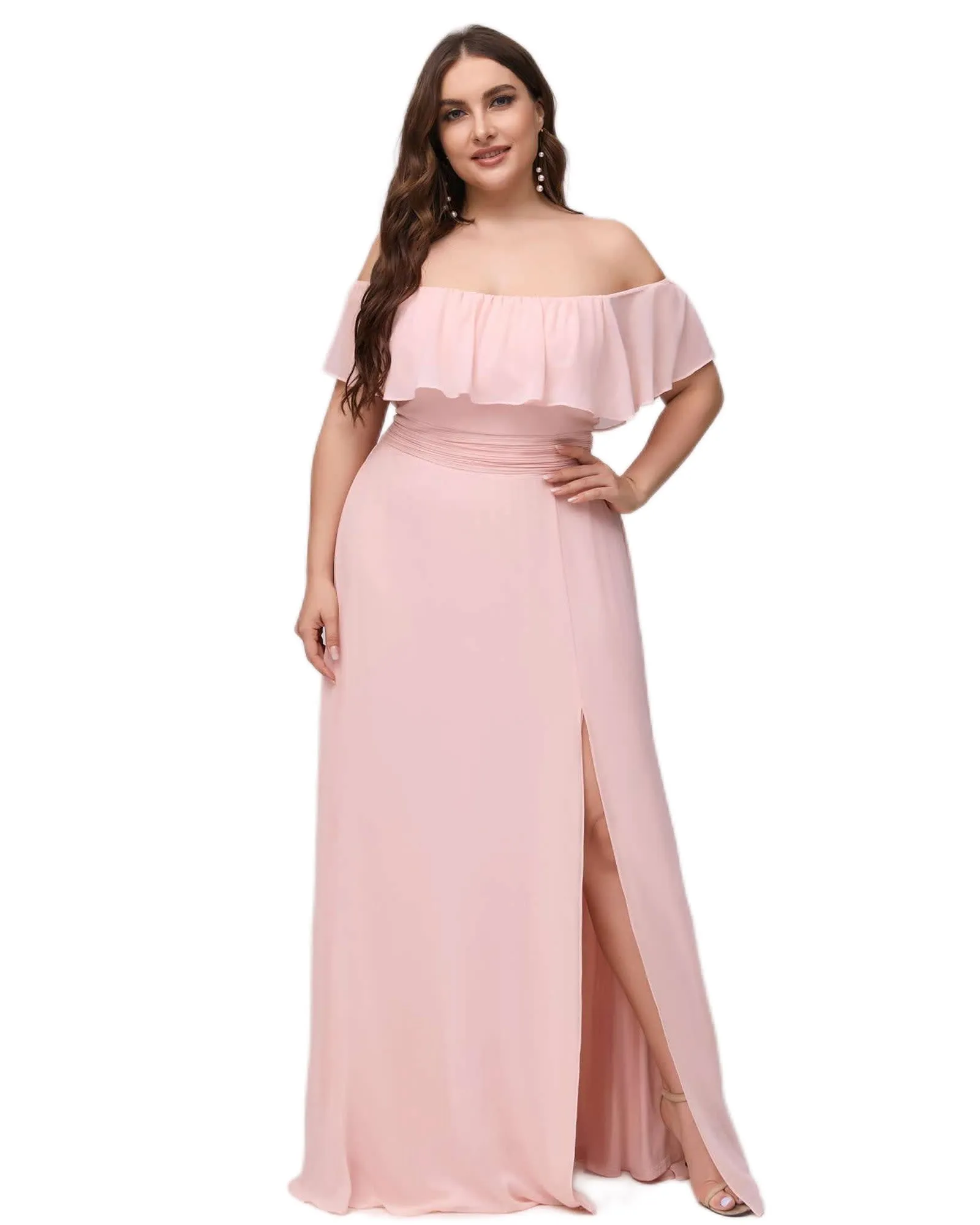 Women's Off Shoulder Ruffle Thigh Slit Bridesmaid Dresses | Pink