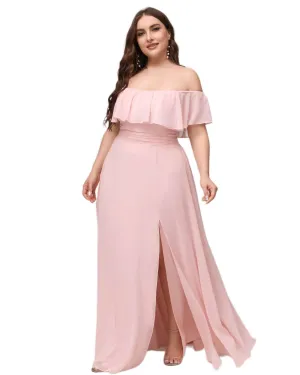 Women's Off Shoulder Ruffle Thigh Slit Bridesmaid Dresses | Pink