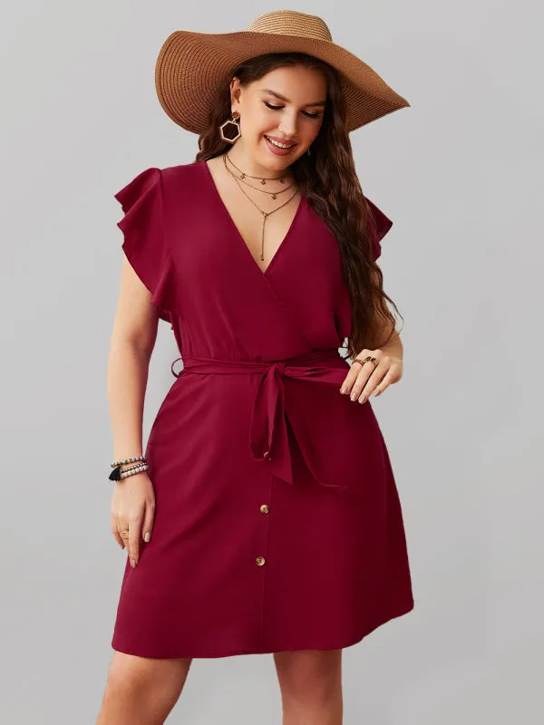 Women's Plus Size Frill Cap Sleeve Flowy Mini Dress With Belt