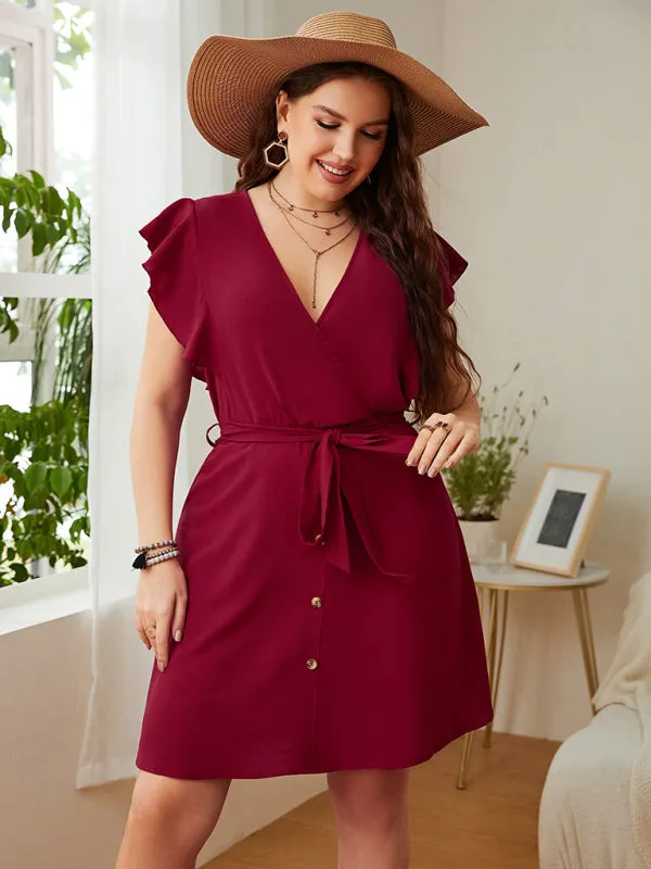 Women's Plus Size Frill Cap Sleeve Flowy Mini Dress With Belt